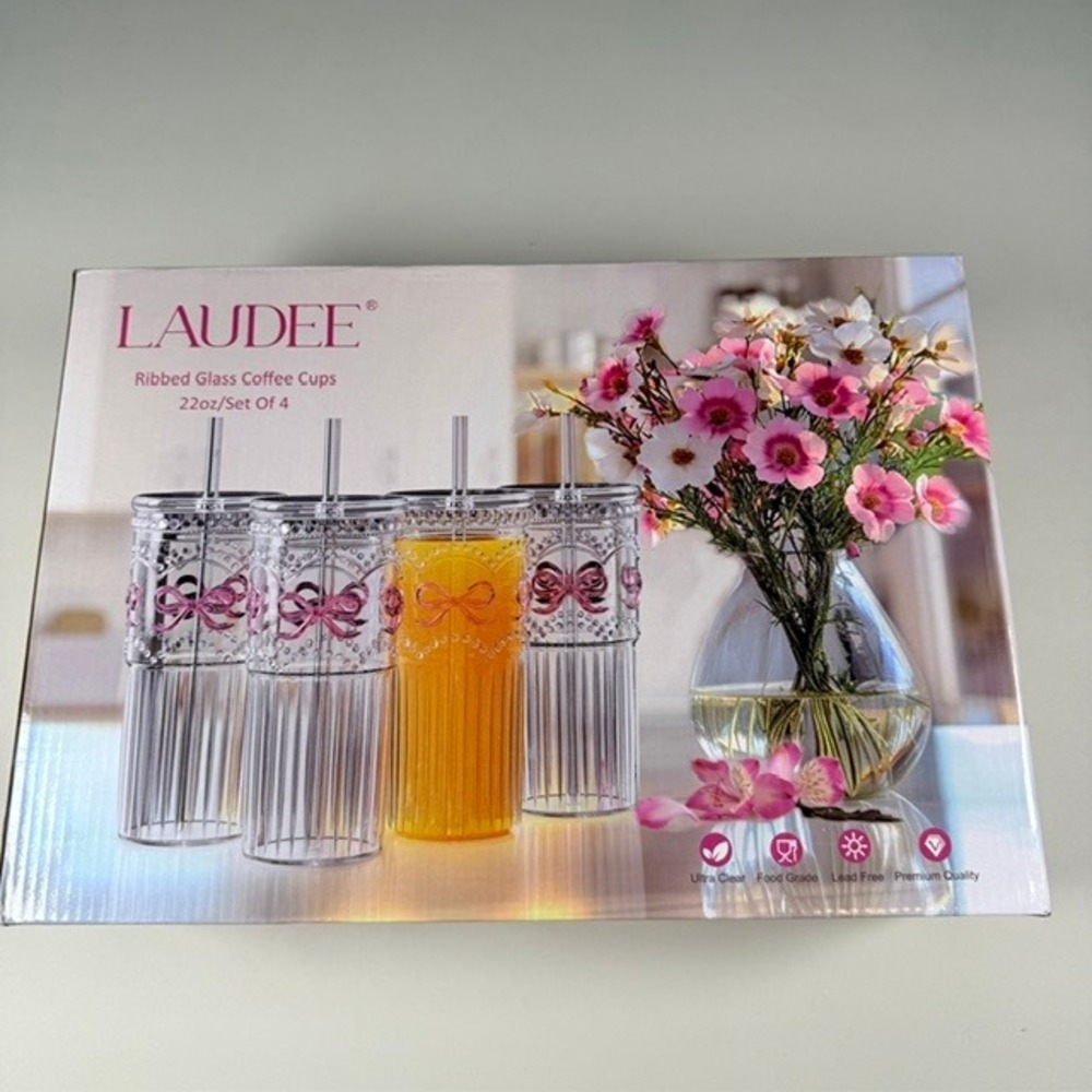 LAUDEE 22oz Ribbed Glass Coffee Cups Set of 4 Pink Bow Coquette Iced Tumblers